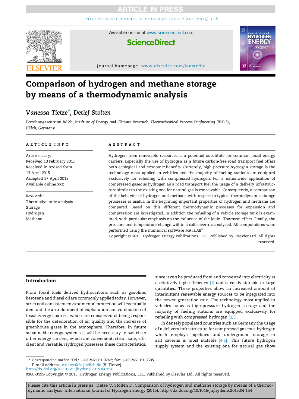 Comparison of hydrogen and methane storage by means of a thermodynamic analysis