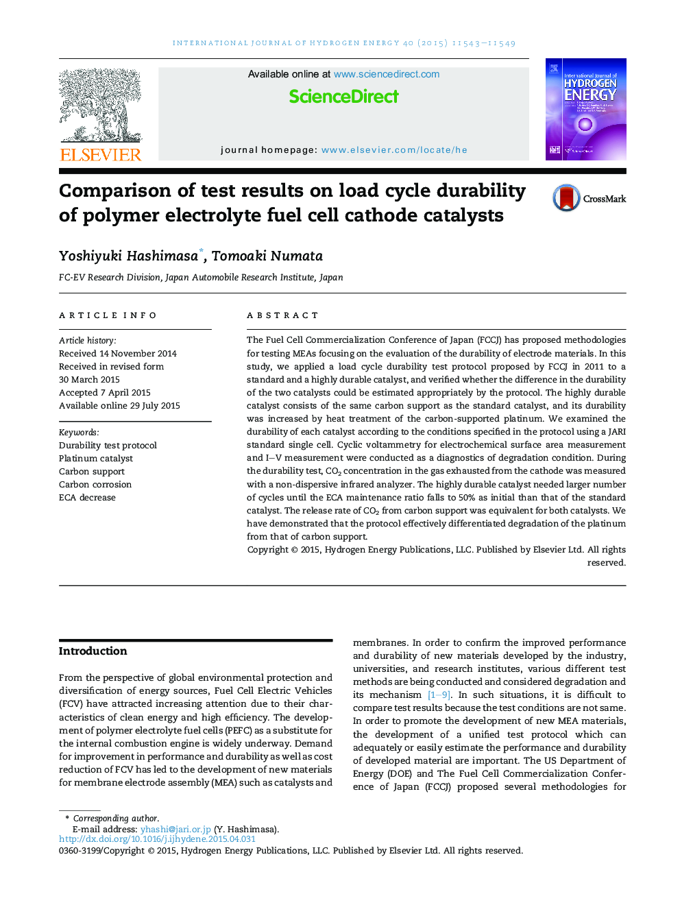 Comparison of test results on load cycle durability of polymer electrolyte fuel cell cathode catalysts