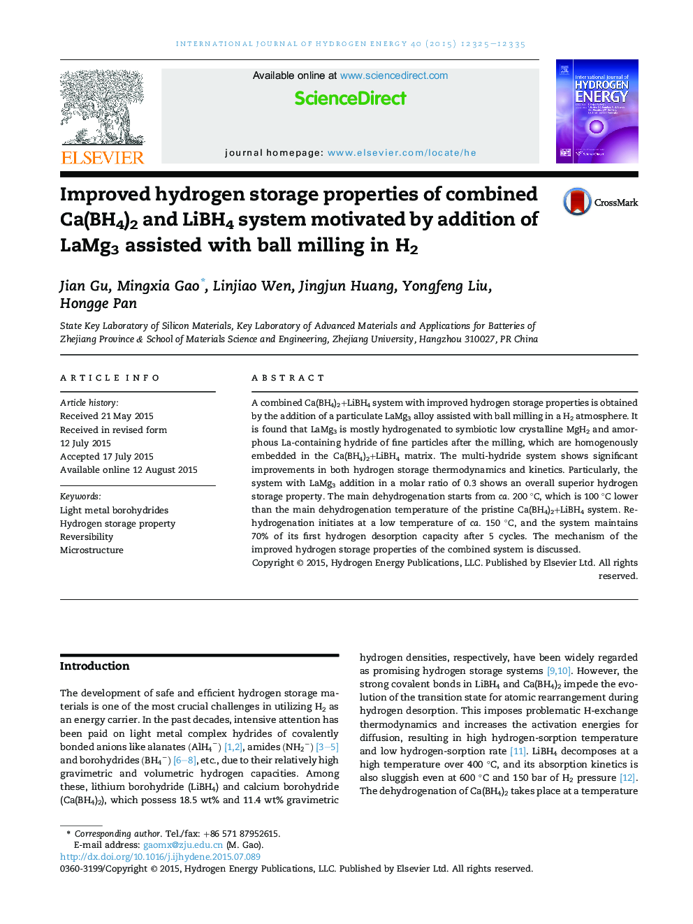 Improved hydrogen storage properties of combined Ca(BH4)2 and LiBH4 system motivated by addition of LaMg3 assisted with ball milling in H2