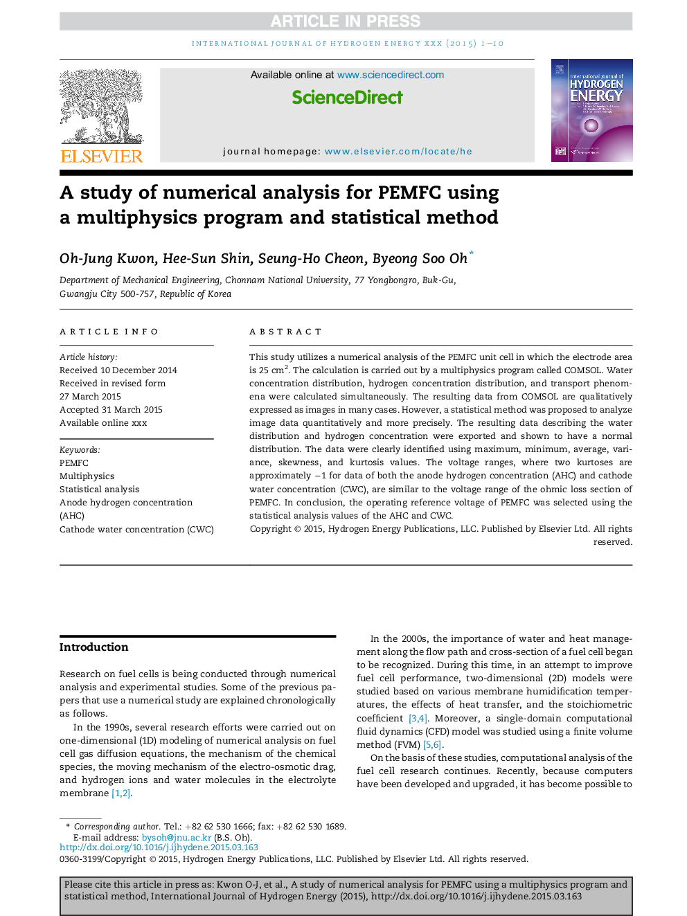 A study of numerical analysis for PEMFC using aÂ multiphysics program and statistical method