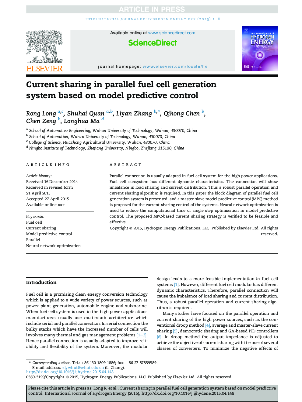 Current sharing in parallel fuel cell generation system based on model predictive control