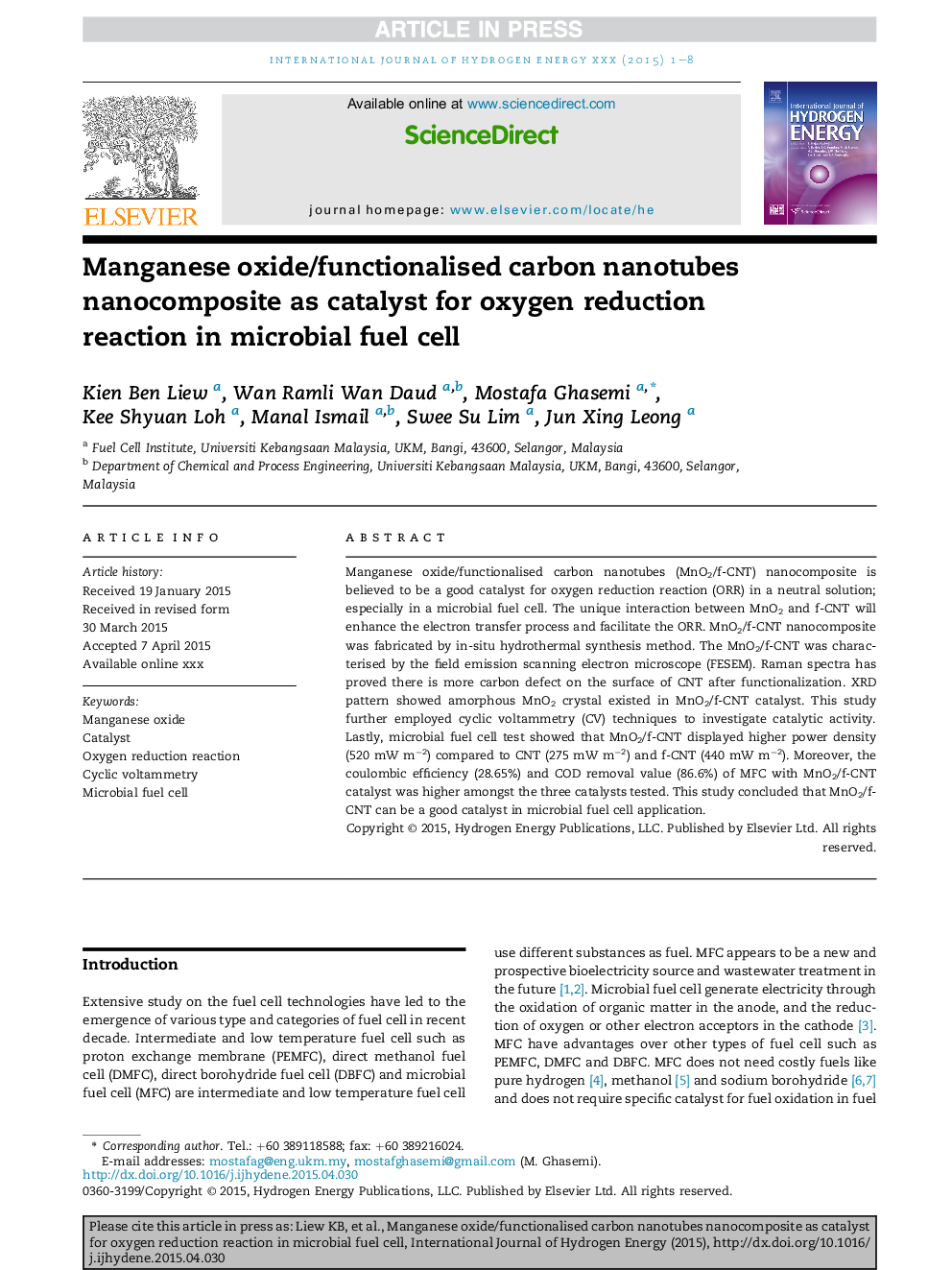 Manganese oxide/functionalised carbon nanotubes nanocomposite as catalyst for oxygen reduction reaction in microbial fuel cell