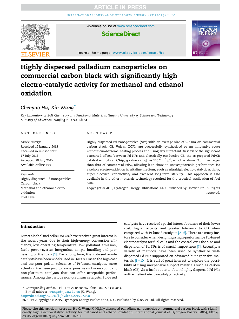 Highly dispersed palladium nanoparticles on commercial carbon black with significantly high electro-catalytic activity for methanol and ethanol oxidation