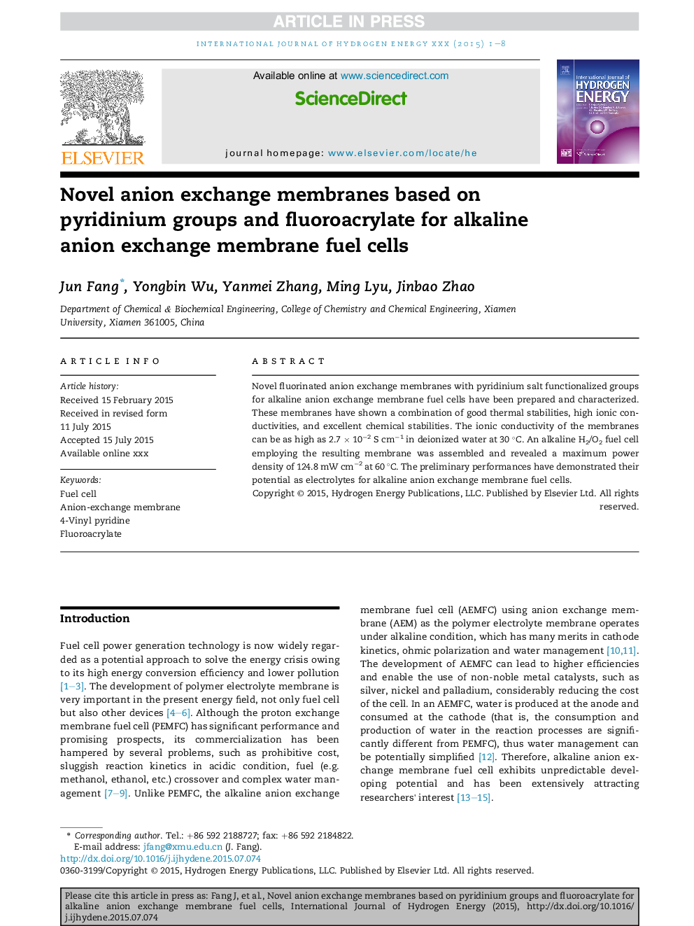 Novel anion exchange membranes based on pyridinium groups and fluoroacrylate for alkaline anion exchange membrane fuel cells