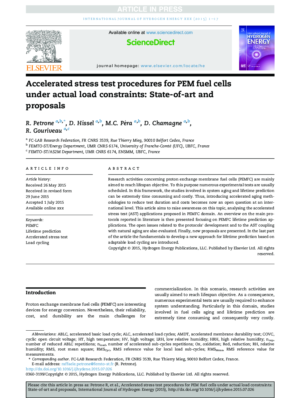 Accelerated stress test procedures for PEM fuel cells under actual load constraints: State-of-art and proposals