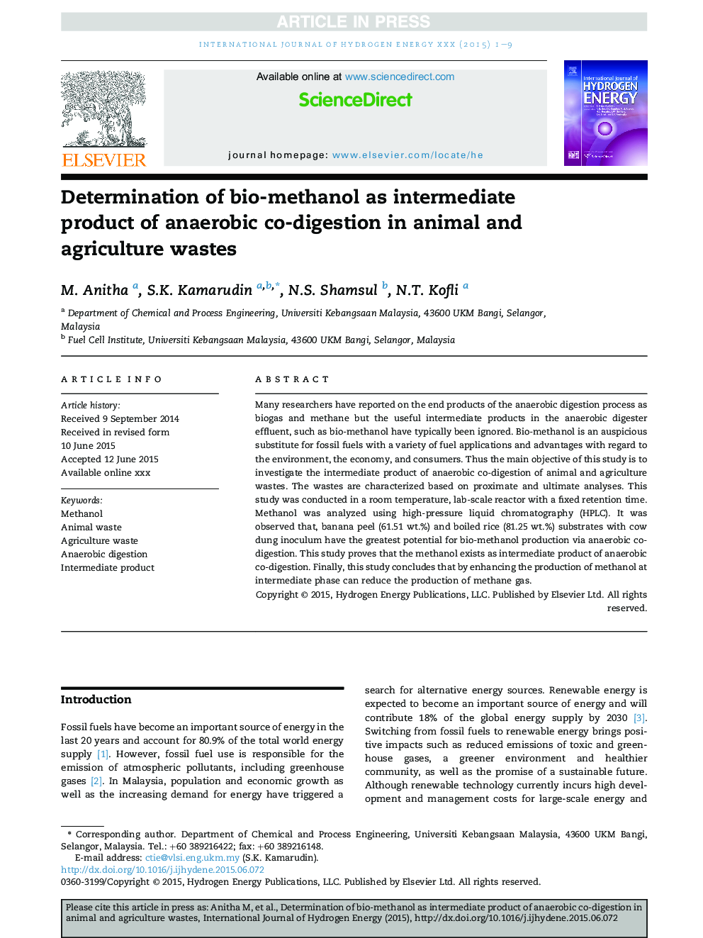 Determination of bio-methanol as intermediate product of anaerobic co-digestion in animal and agriculture wastes