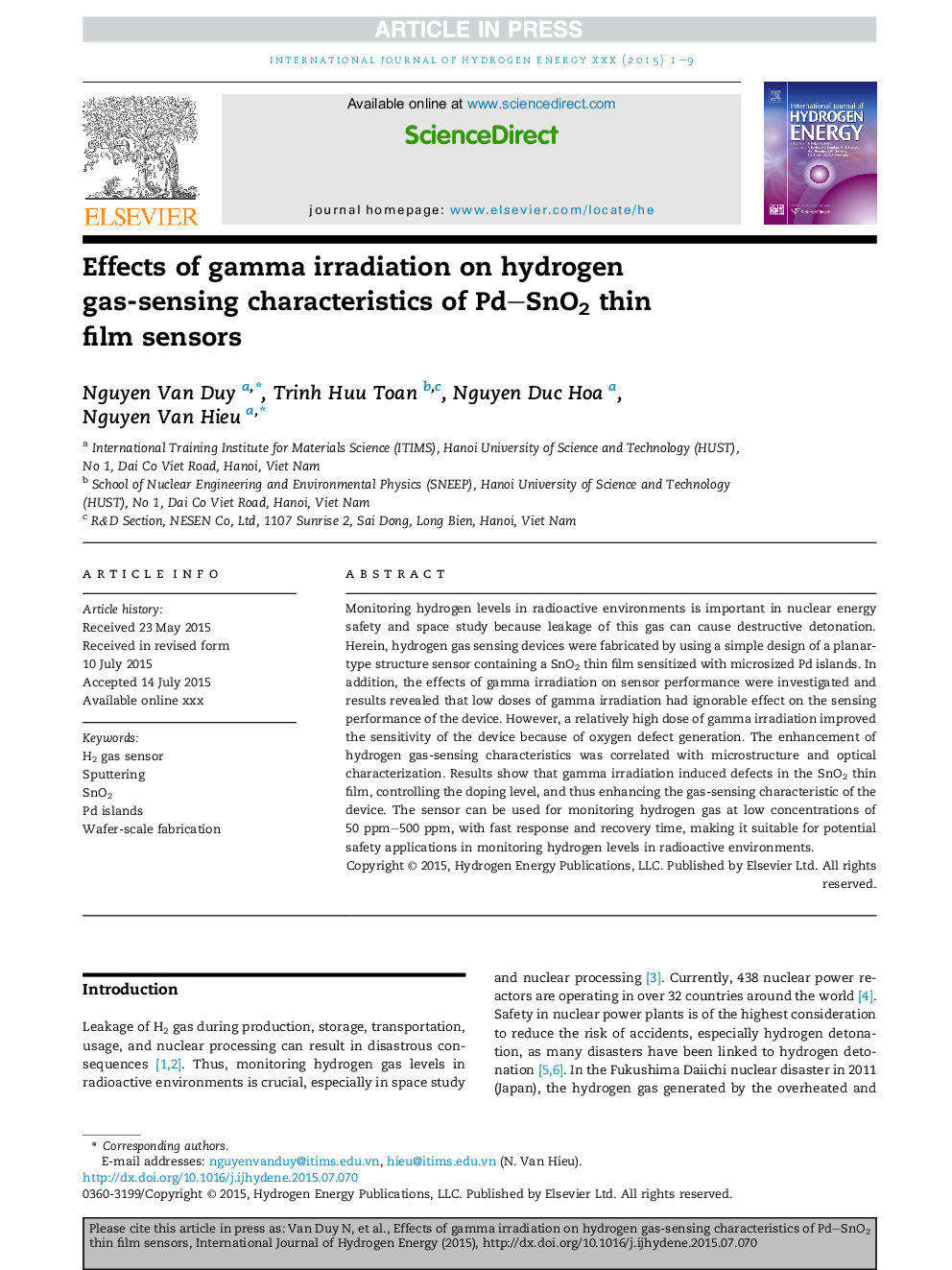 Effects of gamma irradiation on hydrogen gas-sensing characteristics of Pd-SnO2 thin filmÂ sensors