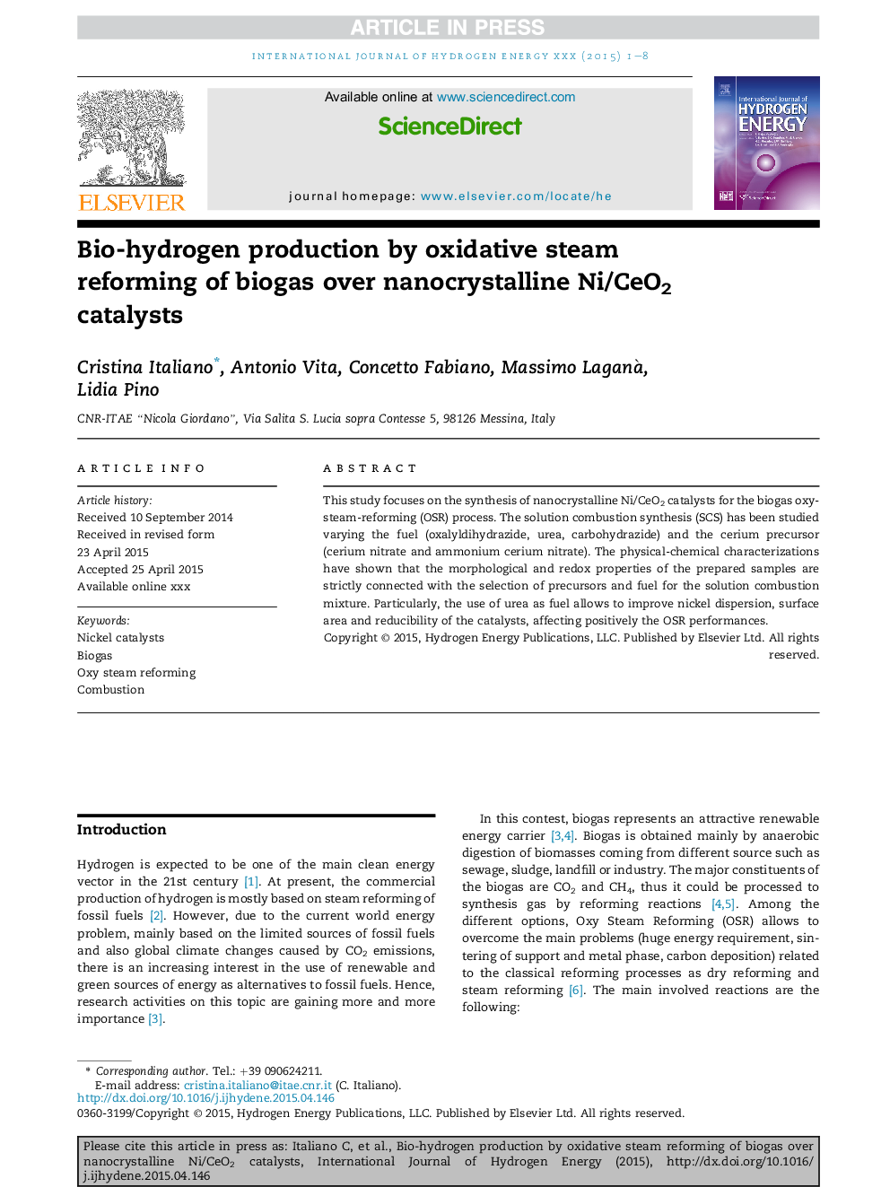 Bio-hydrogen production by oxidative steam reforming of biogas over nanocrystalline Ni/CeO2 catalysts