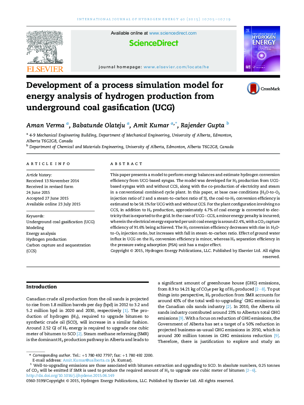 Development of a process simulation model for energy analysis of hydrogen production from underground coal gasification (UCG)