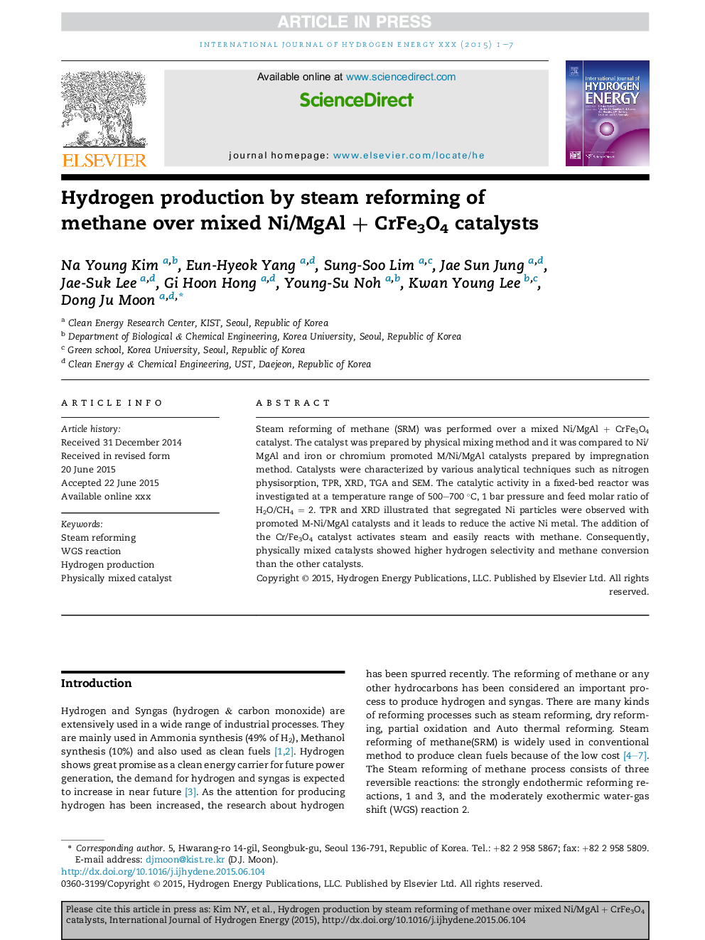 Hydrogen production by steam reforming of methane over mixed Ni/MgAlÂ +Â CrFe3O4 catalysts