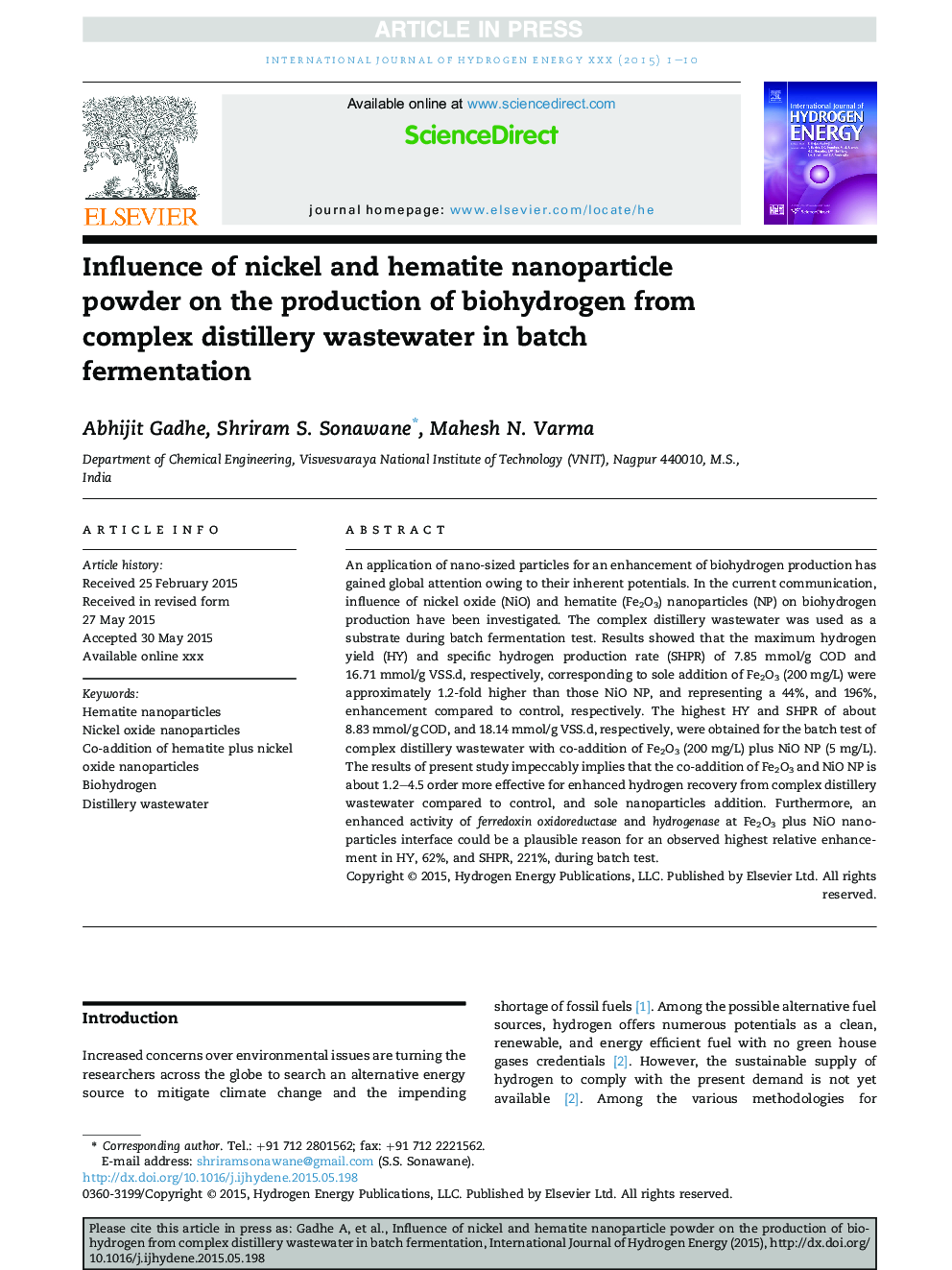 Influence of nickel and hematite nanoparticle powder on the production of biohydrogen from complex distillery wastewater in batch fermentation