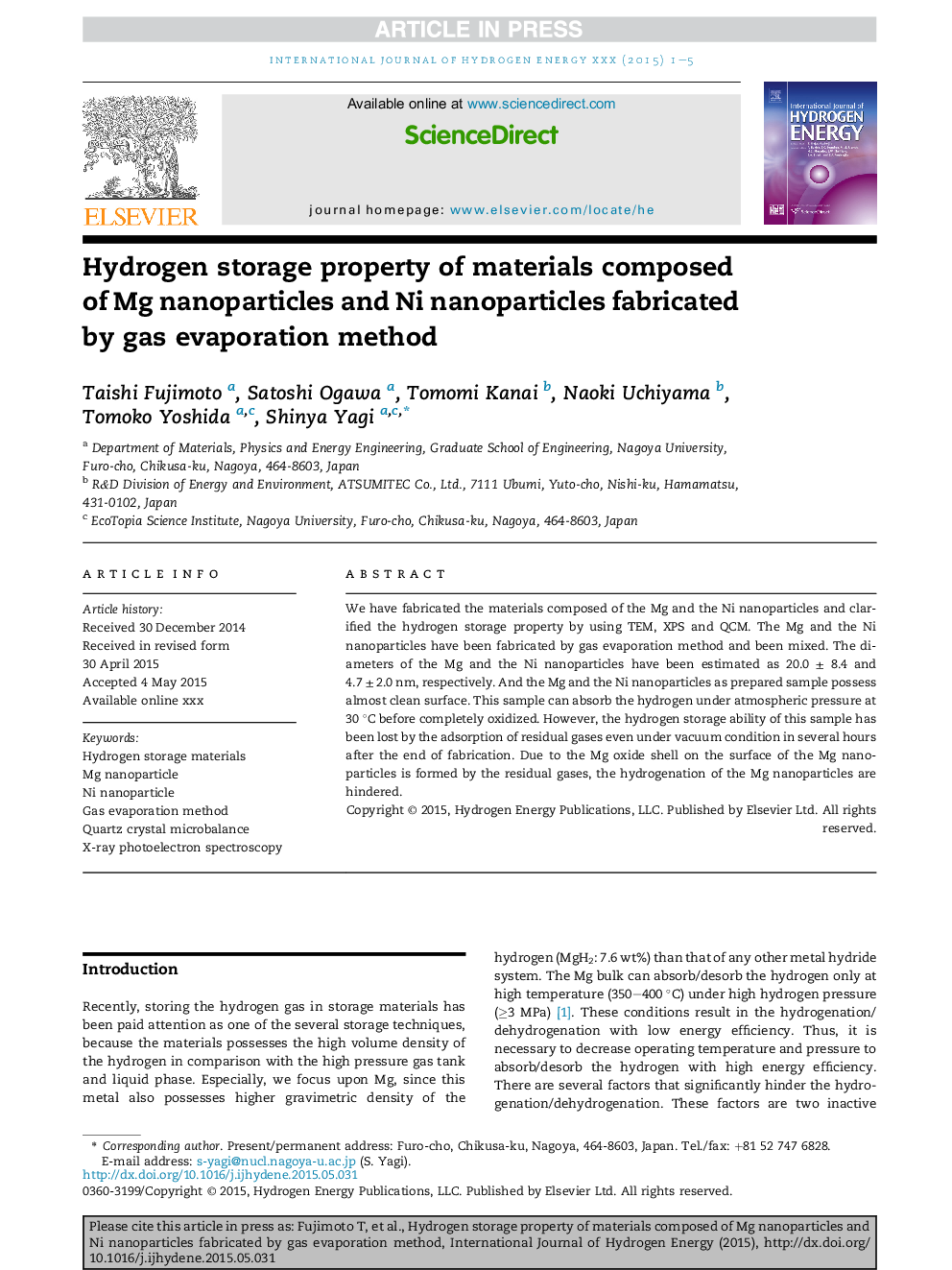 Hydrogen storage property of materials composed of Mg nanoparticles and Ni nanoparticles fabricated by gas evaporation method