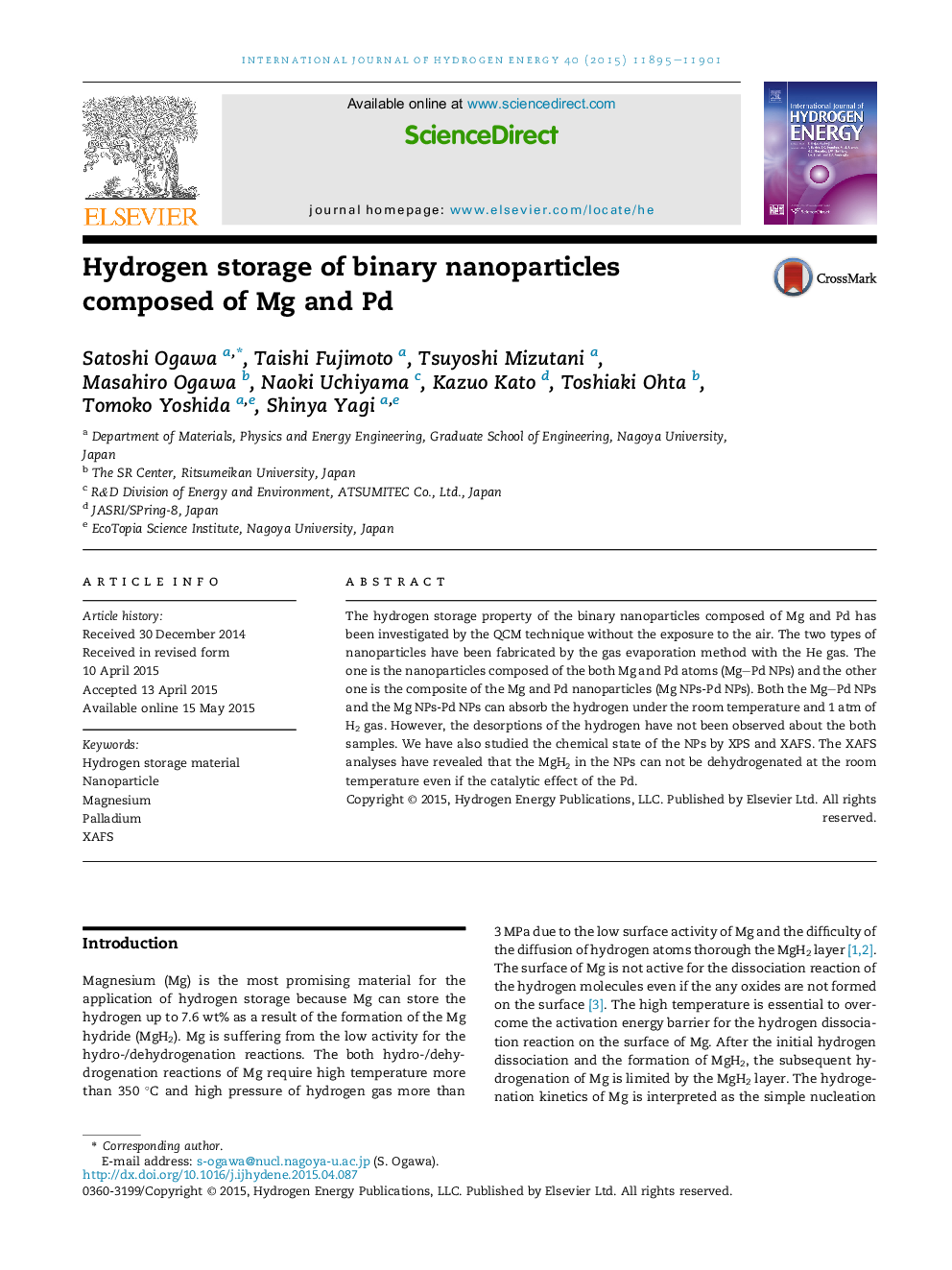 Hydrogen storage of binary nanoparticles composed of Mg and Pd