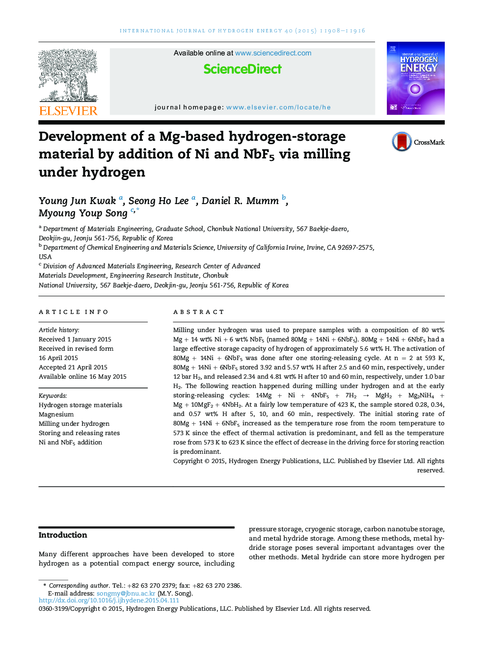 Development of a Mg-based hydrogen-storage material by addition of Ni and NbF5 via milling under hydrogen