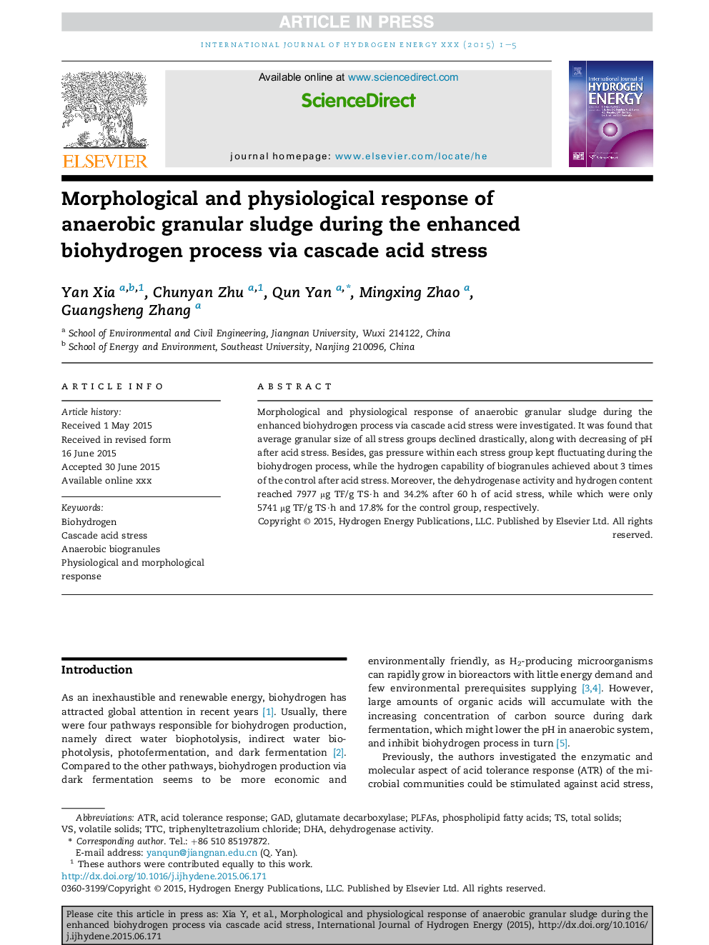 Morphological and physiological response of anaerobic granular sludge during the enhanced biohydrogen process via cascade acid stress