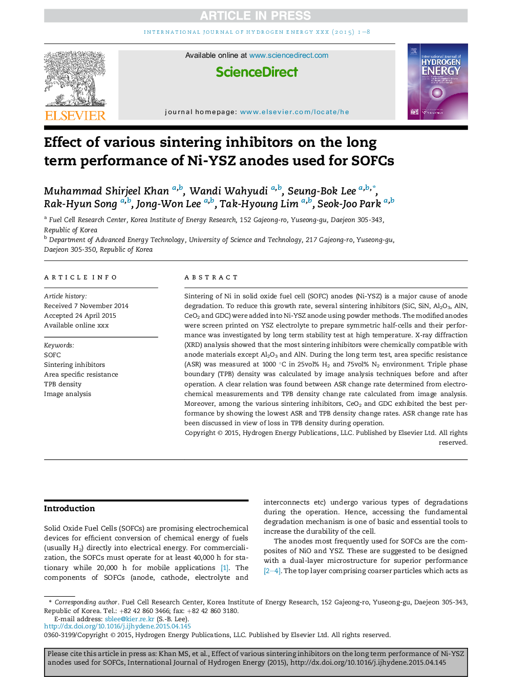 Effect of various sintering inhibitors on the long term performance of Ni-YSZ anodes used for SOFCs