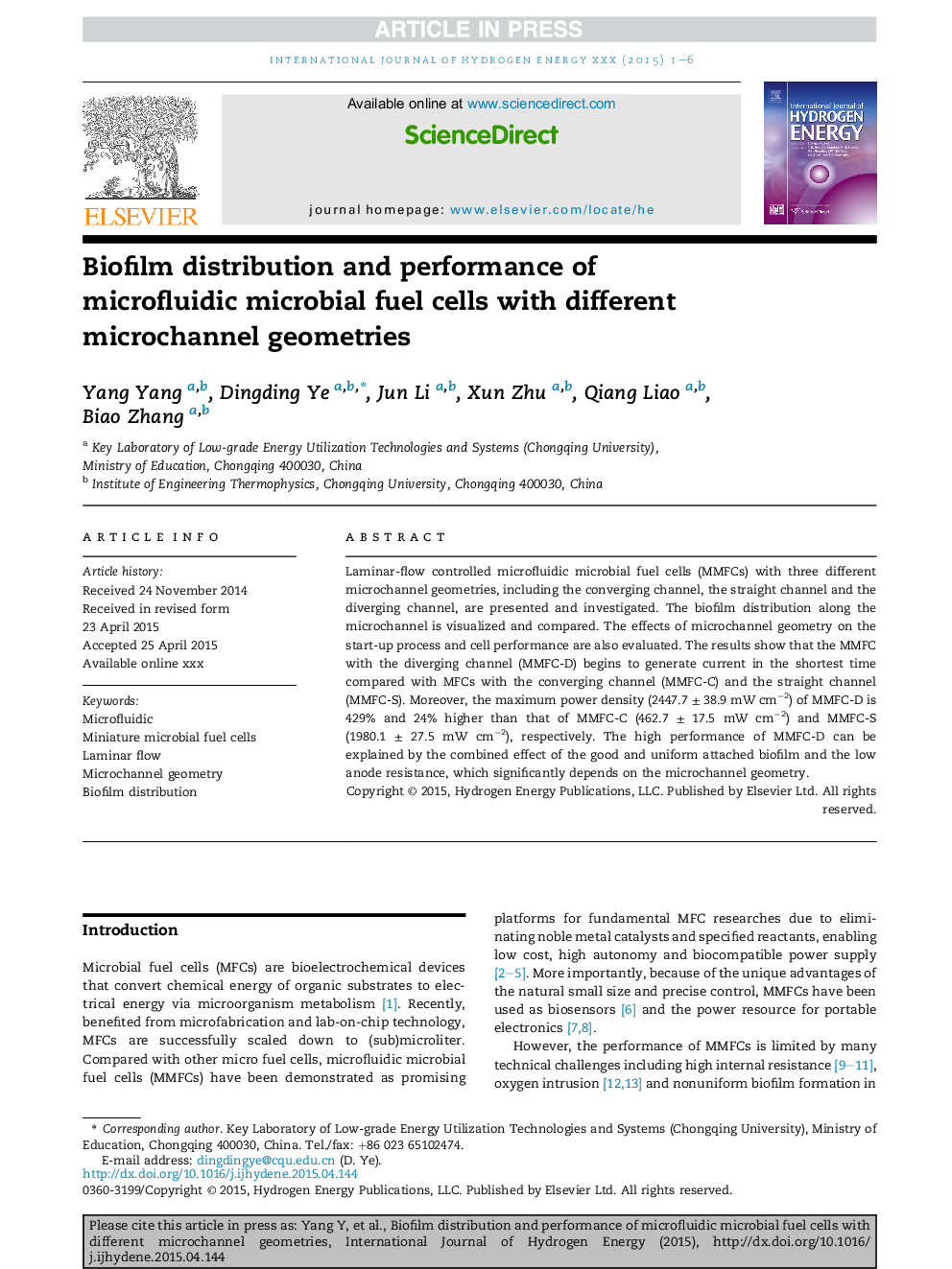 Biofilm distribution and performance of microfluidic microbial fuel cells with different microchannel geometries