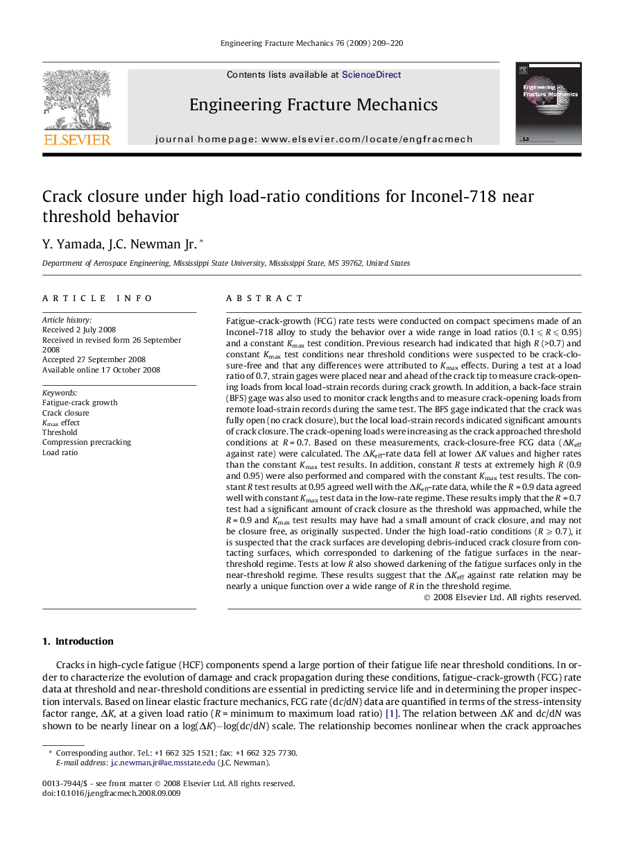 Crack closure under high load-ratio conditions for Inconel-718 near threshold behavior