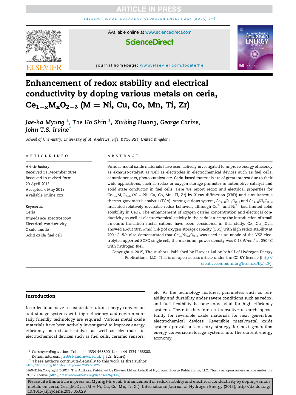 Enhancement of redox stability and electrical conductivity by doping various metals on ceria, Ce1âxMxO2âÎ´ (MÂ =Â Ni, Cu, Co, Mn, Ti, Zr)