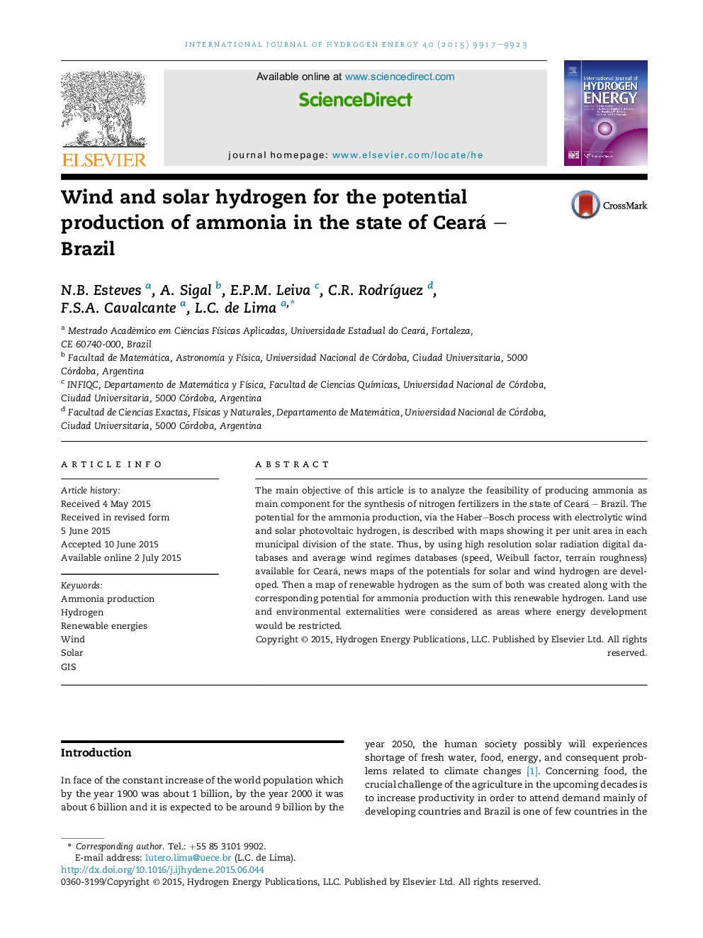 Wind and solar hydrogen for the potential production of ammonia in the state of Ceará - Brazil