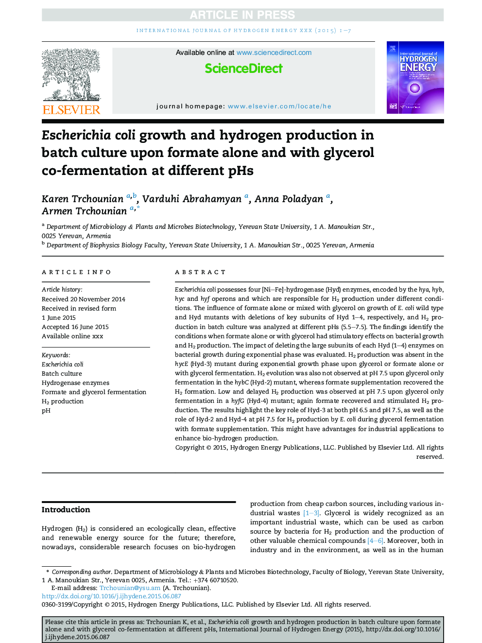 Escherichia coli growth and hydrogen production in batch culture upon formate alone and with glycerol co-fermentation at different pHs