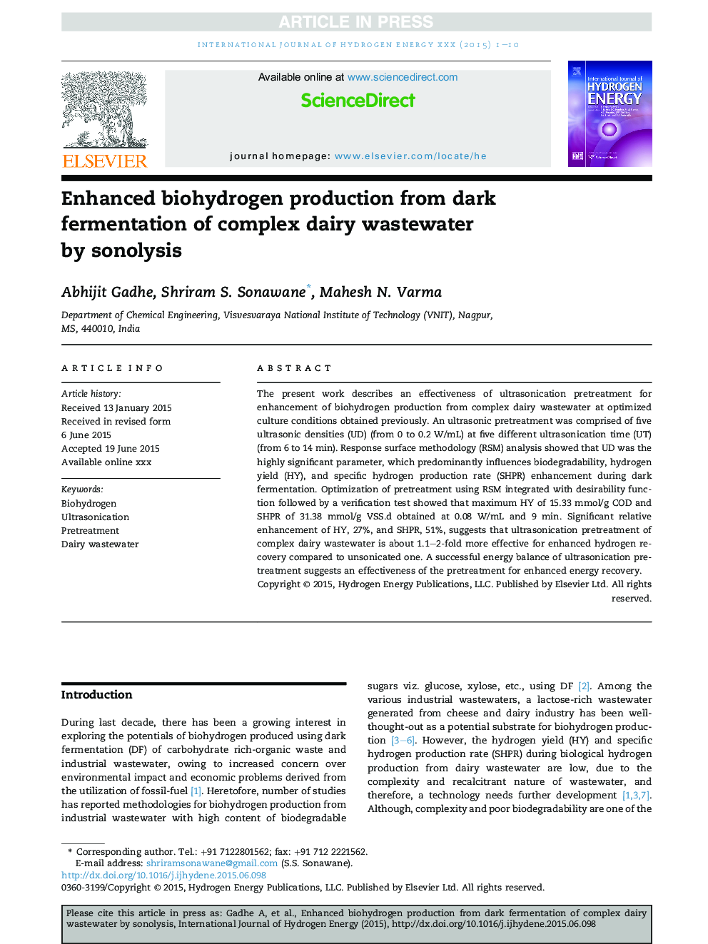 Enhanced biohydrogen production from dark fermentation of complex dairy wastewater by sonolysis