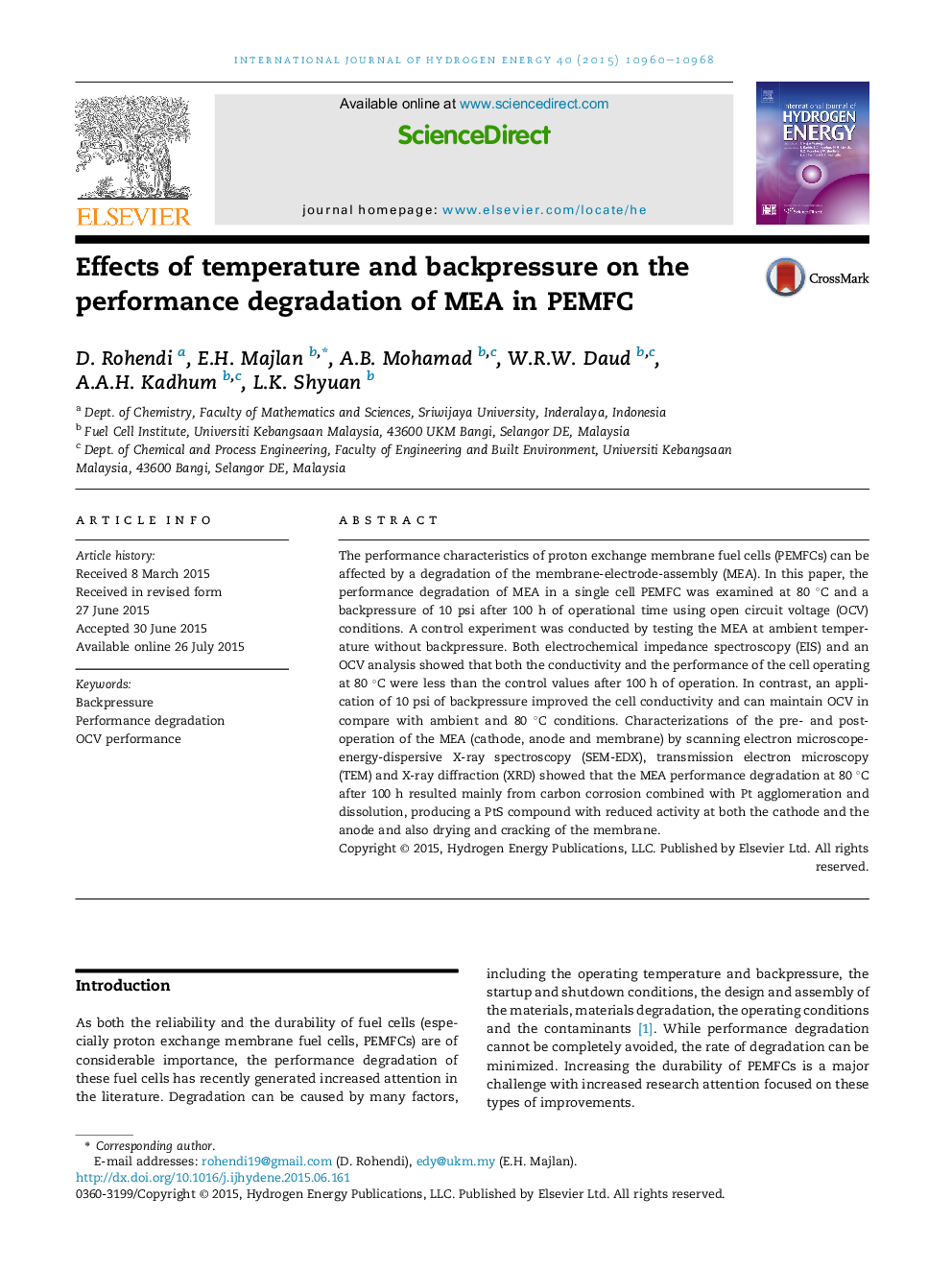 Effects of temperature and backpressure on the performance degradation of MEA in PEMFC