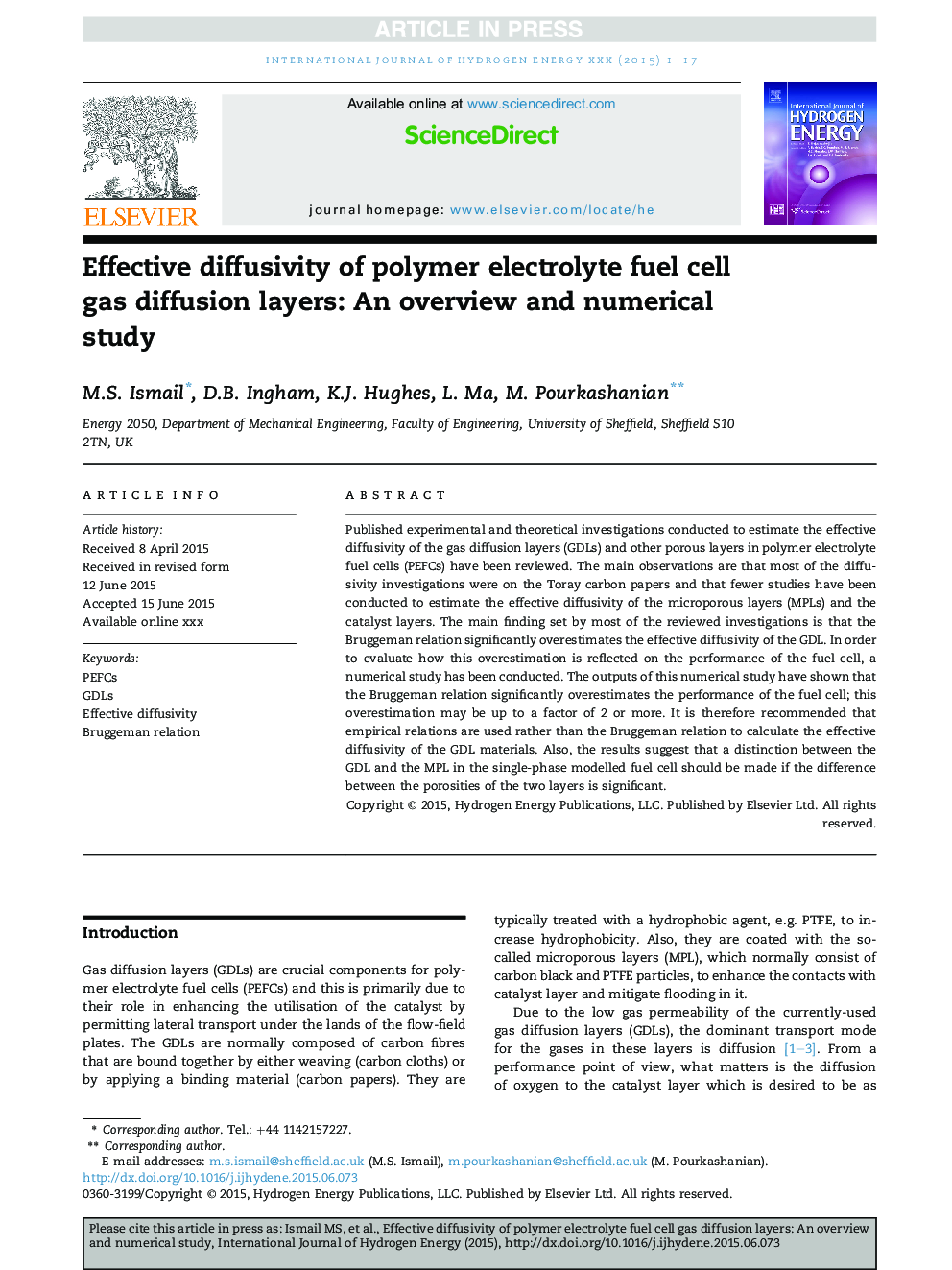 Effective diffusivity of polymer electrolyte fuel cell gas diffusion layers: An overview and numerical study