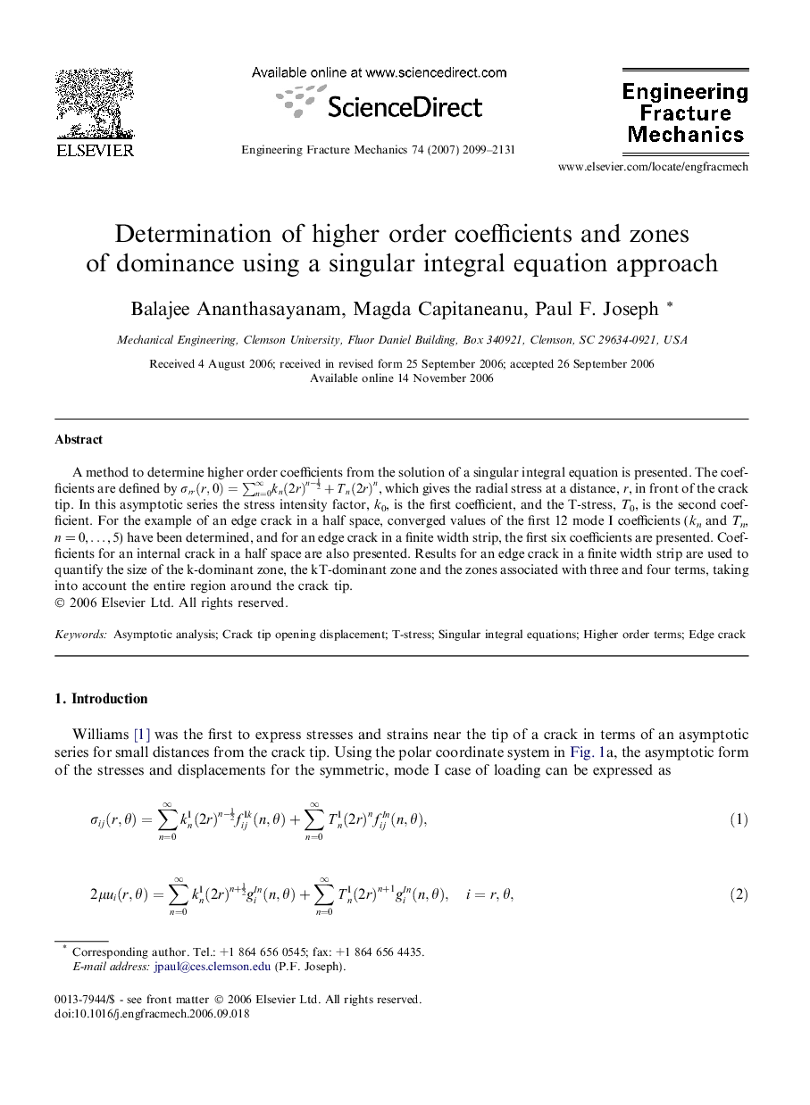 Determination of higher order coefficients and zones of dominance using a singular integral equation approach