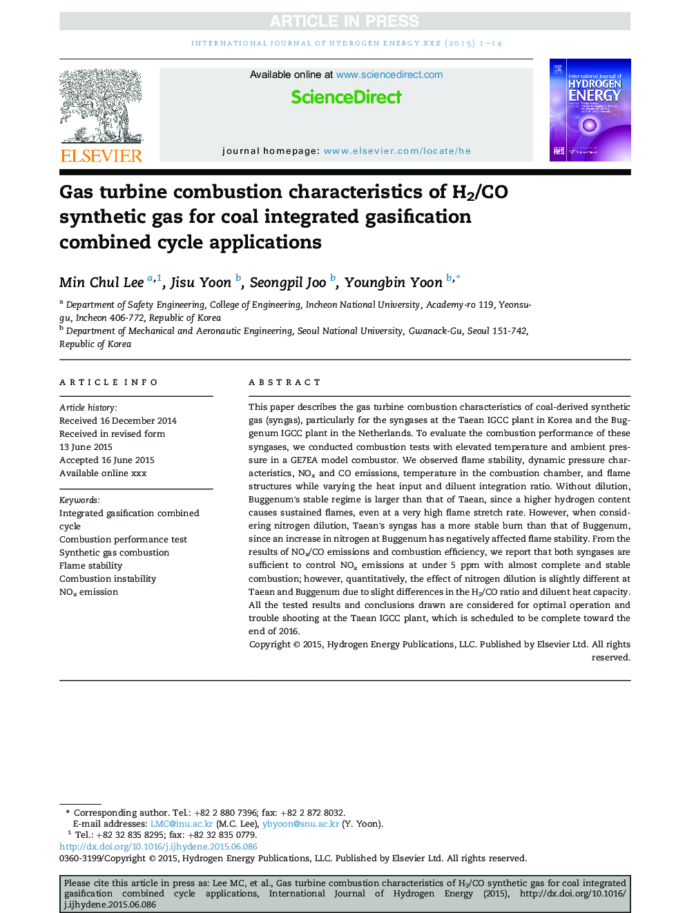 Gas turbine combustion characteristics of H2/CO synthetic gas for coal integrated gasification combined cycle applications