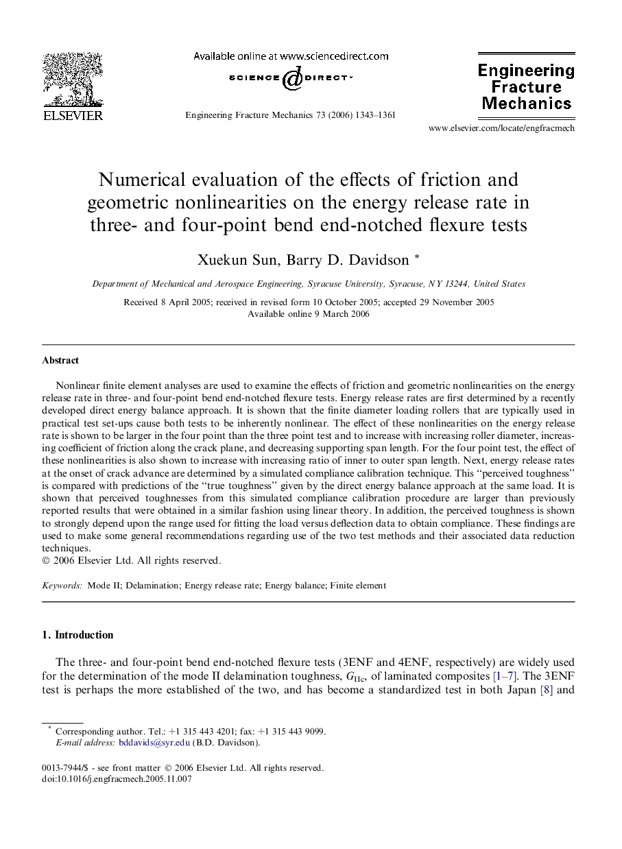 Numerical evaluation of the effects of friction and geometric nonlinearities on the energy release rate in three- and four-point bend end-notched flexure tests