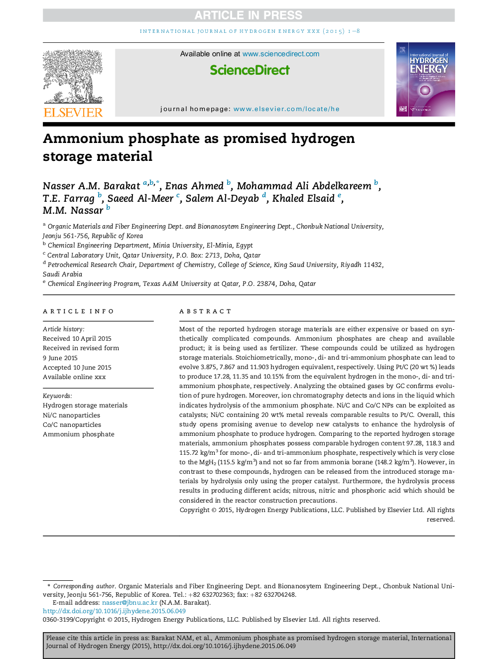 Ammonium phosphate as promised hydrogen storage material