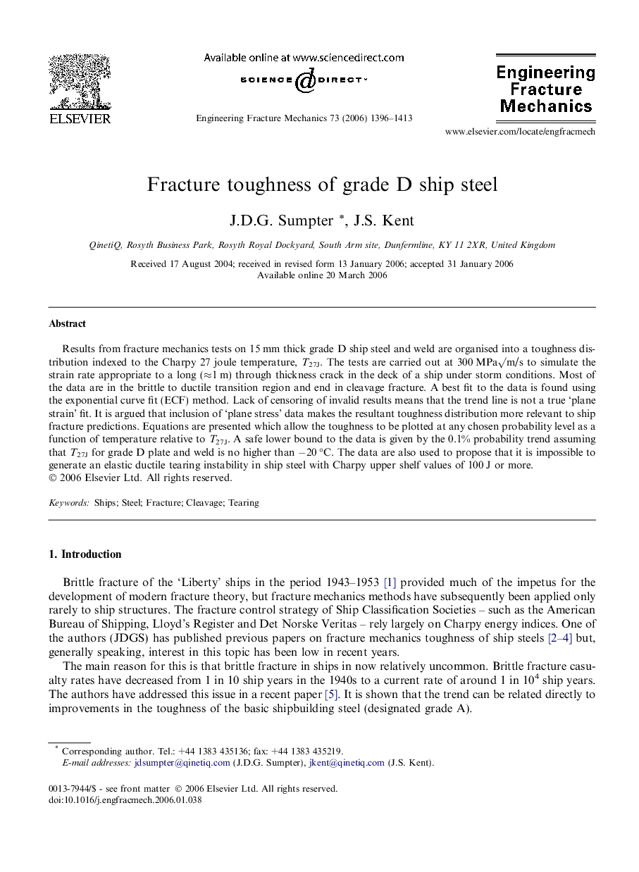 Fracture toughness of grade D ship steel