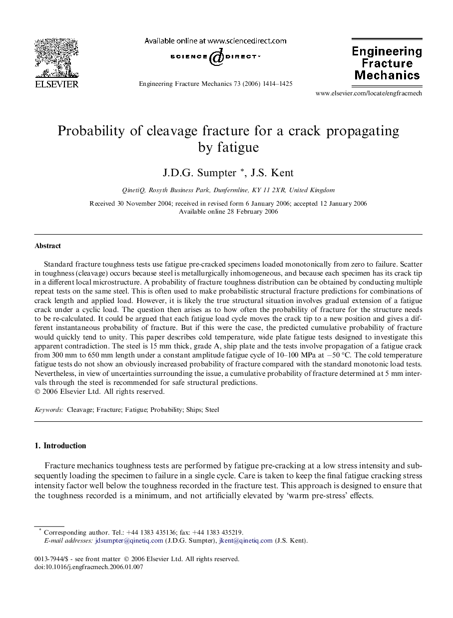 Probability of cleavage fracture for a crack propagating by fatigue