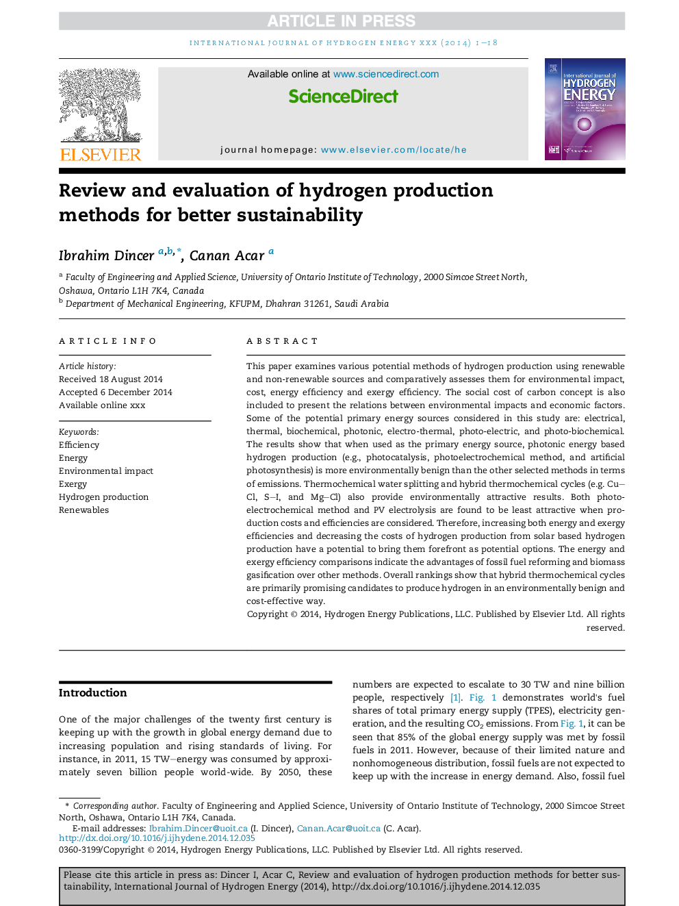 Review and evaluation of hydrogen production methods for better sustainability