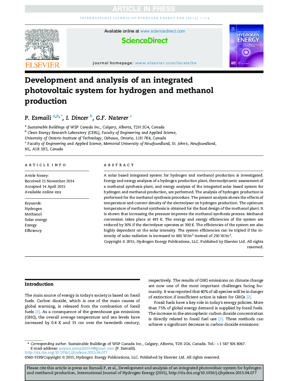 Development and analysis of an integrated photovoltaic system for hydrogen and methanol production