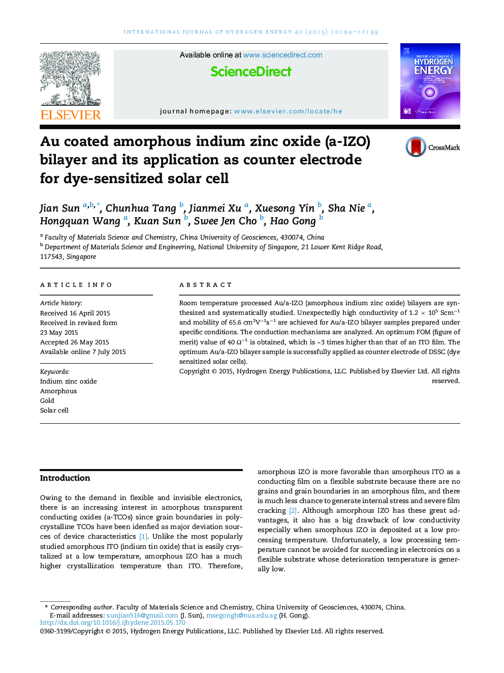 Au coated amorphous indium zinc oxide (a-IZO) bilayer and its application as counter electrode forÂ dye-sensitized solar cell