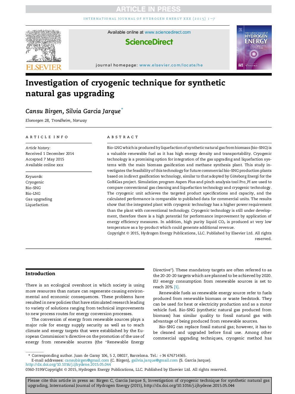 Investigation of cryogenic technique for synthetic natural gas upgrading