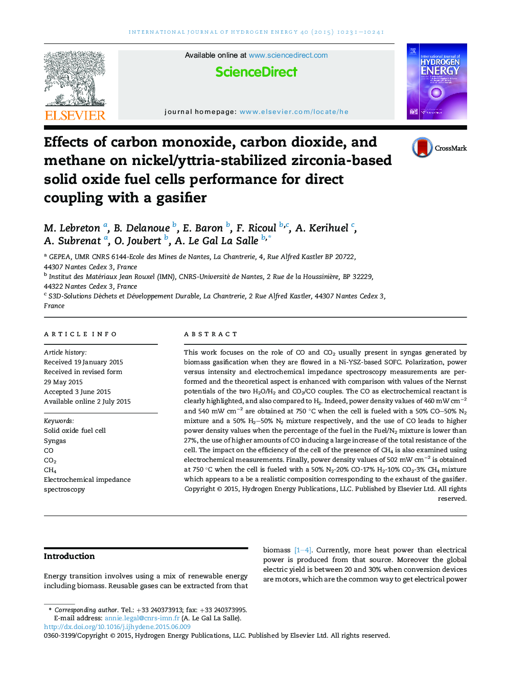 Effects of carbon monoxide, carbon dioxide, and methane on nickel/yttria-stabilized zirconia-based solid oxide fuel cells performance for direct coupling with a gasifier