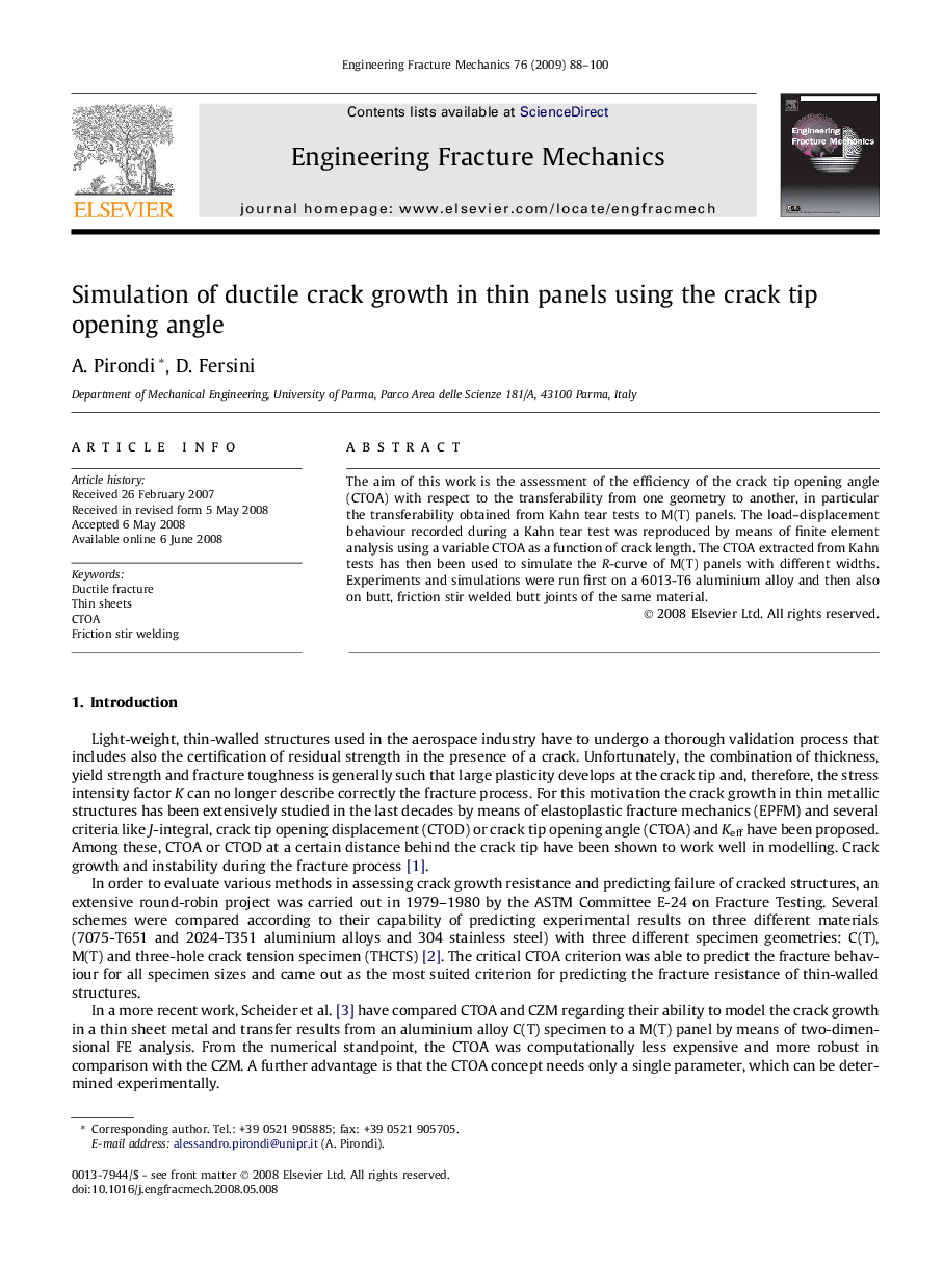 Simulation of ductile crack growth in thin panels using the crack tip opening angle