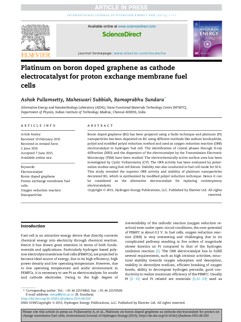 Platinum on boron doped graphene as cathode electrocatalyst for proton exchange membrane fuel cells