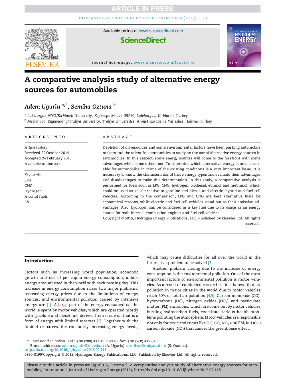 A comparative analysis study of alternative energy sources for automobiles