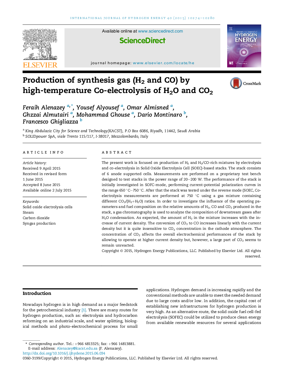 Production of synthesis gas (H2 and CO) by high-temperature Co-electrolysis of H2O and CO2