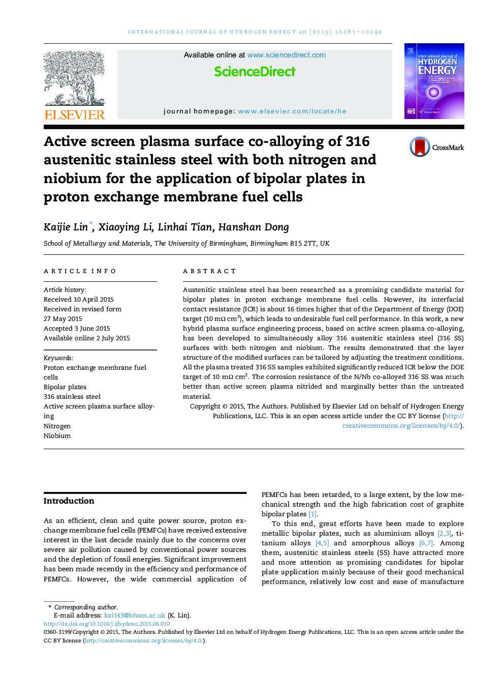 Active screen plasma surface co-alloying of 316 austenitic stainless steel with both nitrogen and niobium for the application of bipolar plates in proton exchange membrane fuel cells