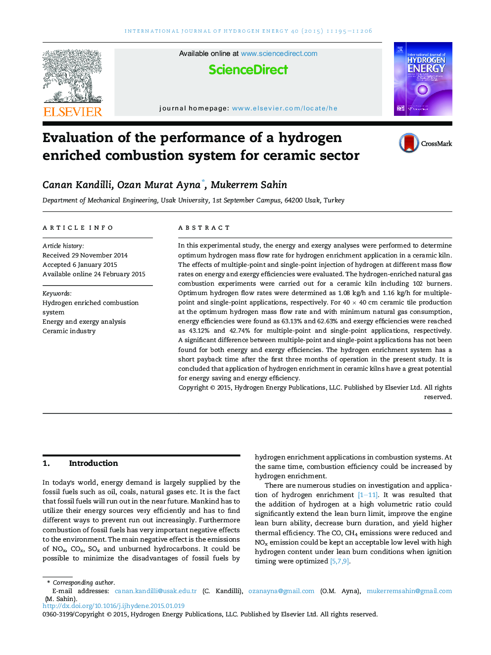 Evaluation of the performance of a hydrogen enriched combustion system for ceramic sector