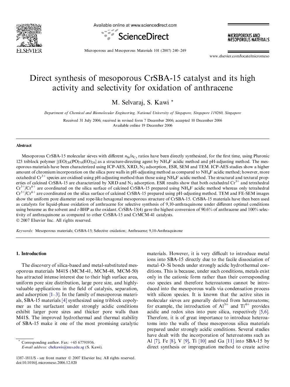 Direct synthesis of mesoporous CrSBA-15 catalyst and its high activity and selectivity for oxidation of anthracene