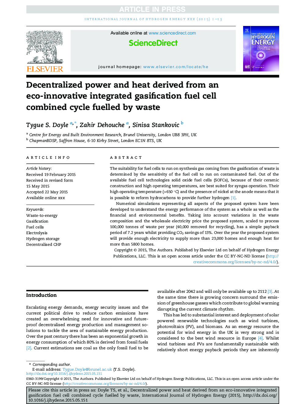 Decentralized power and heat derived from an eco-innovative integrated gasification fuel cell combined cycle fuelled by waste