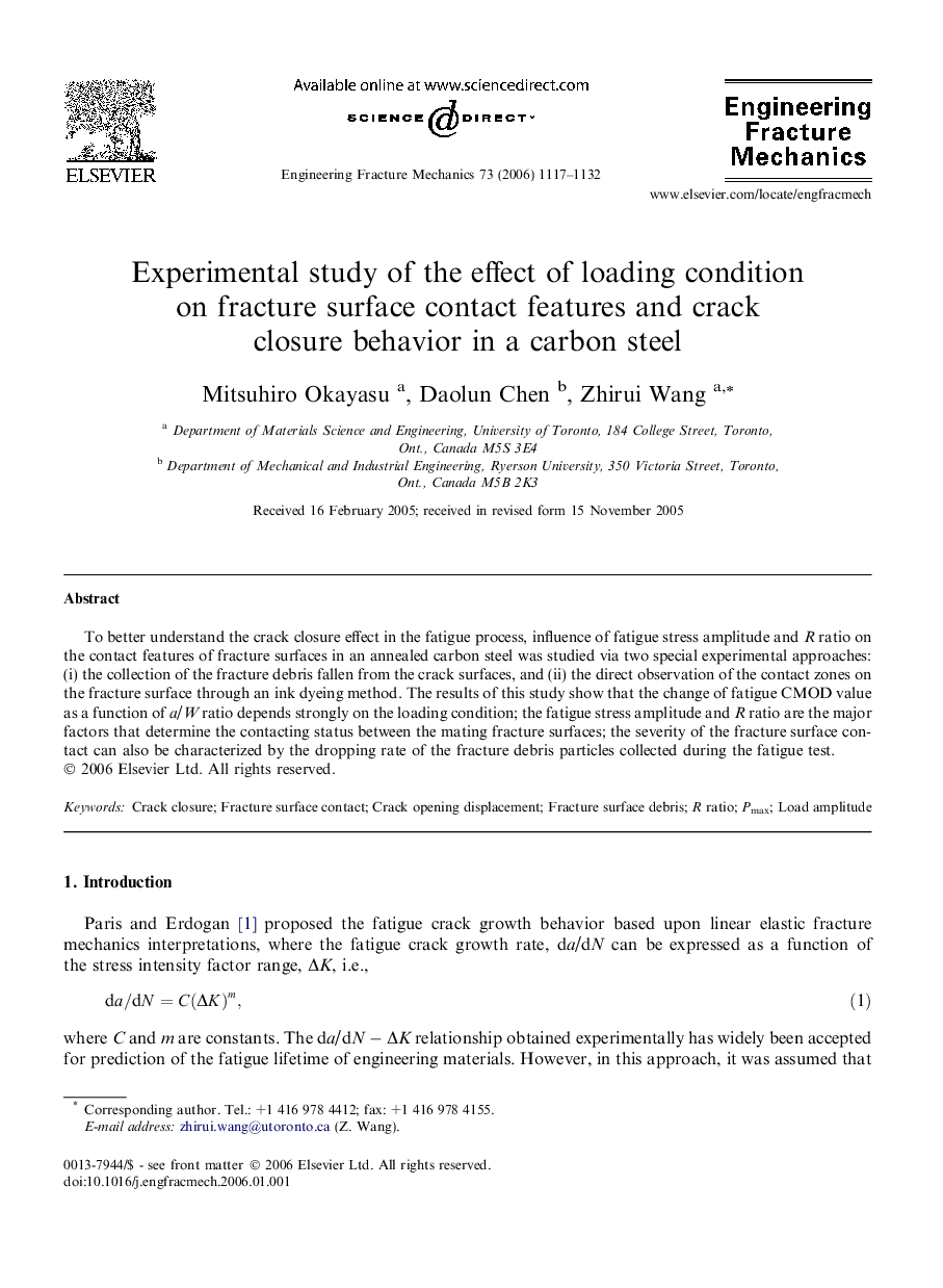 Experimental study of the effect of loading condition on fracture surface contact features and crack closure behavior in a carbon steel