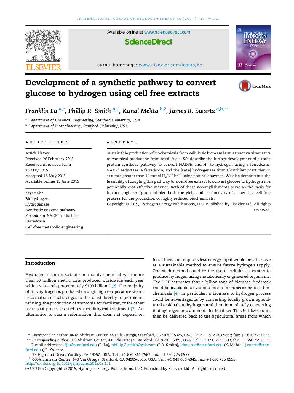 Development of a synthetic pathway to convert glucose to hydrogen using cell free extracts