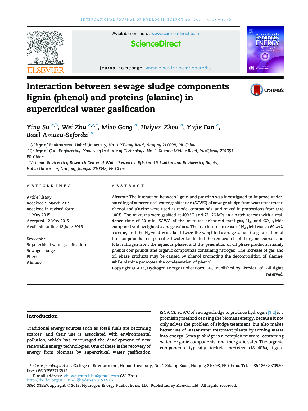 Interaction between sewage sludge components lignin (phenol) and proteins (alanine) in supercritical water gasification